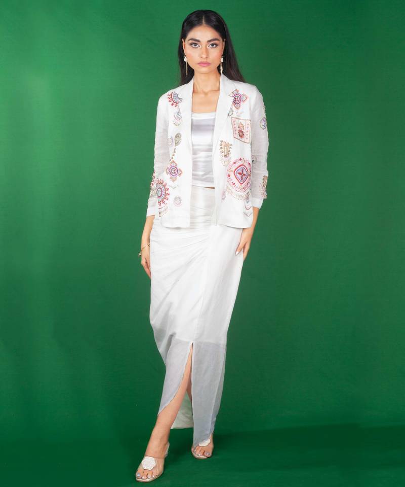 White embroidered linen co ord set