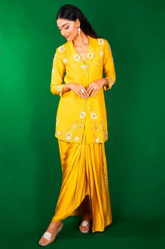 Yellow embroidered linen co ord set