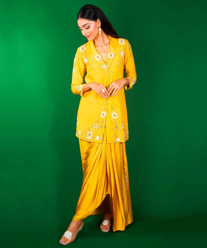 Yellow embroidered linen co ord set
