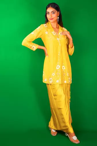 Beige embroidered silk co ord set