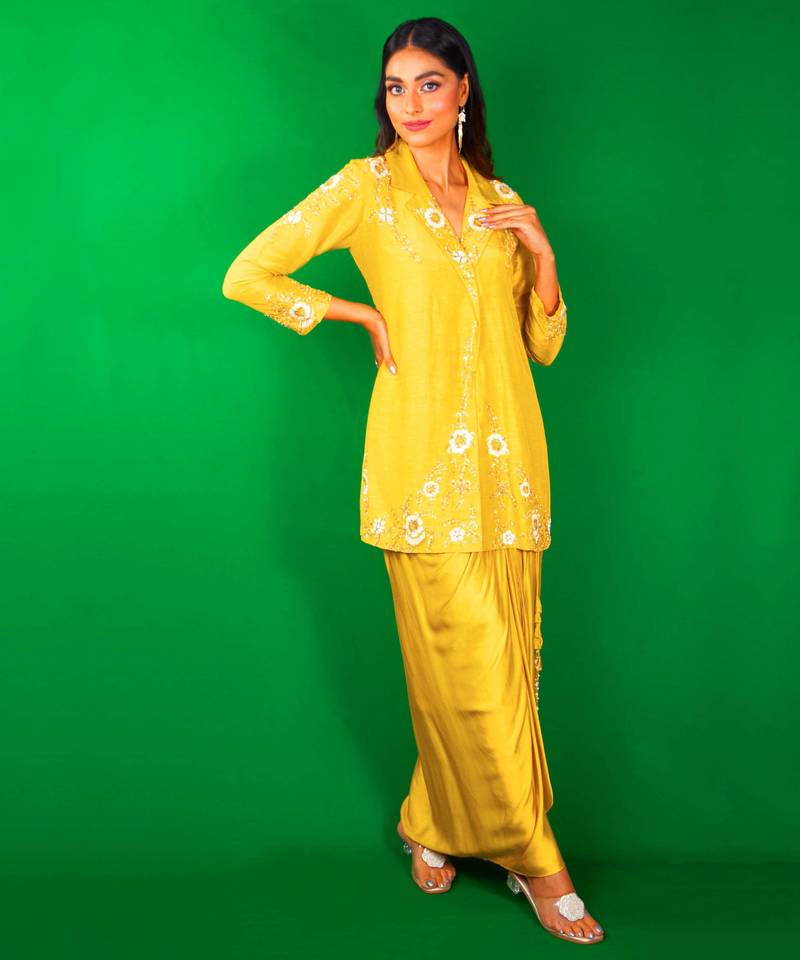 Beige embroidered silk co ord set