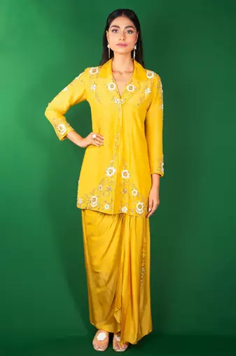 Beige embroidered silk co ord set