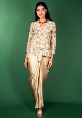 Beige printed satin co ord set 1