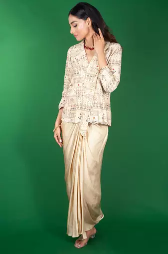 Beige printed satin co ord set