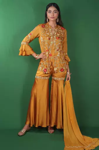 Yellow embroidered satin kurta set