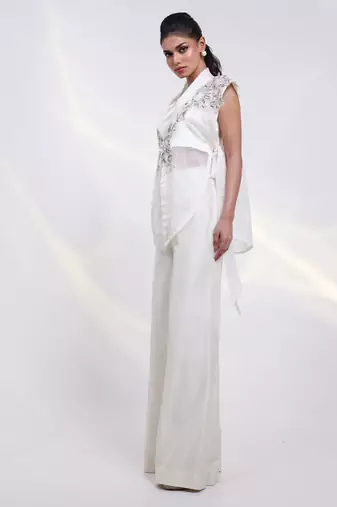 White embroidered silk co ord set