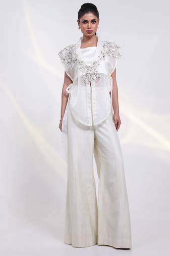 White embroidered silk co ord set