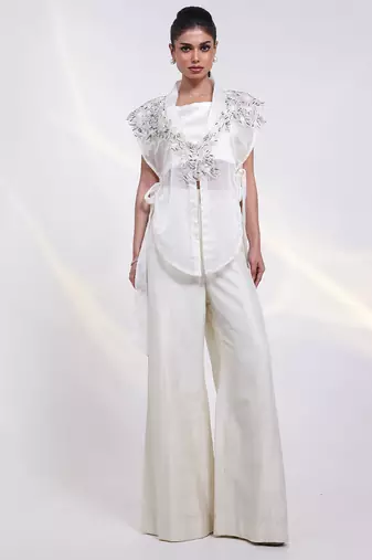 White embroidered silk co ord set