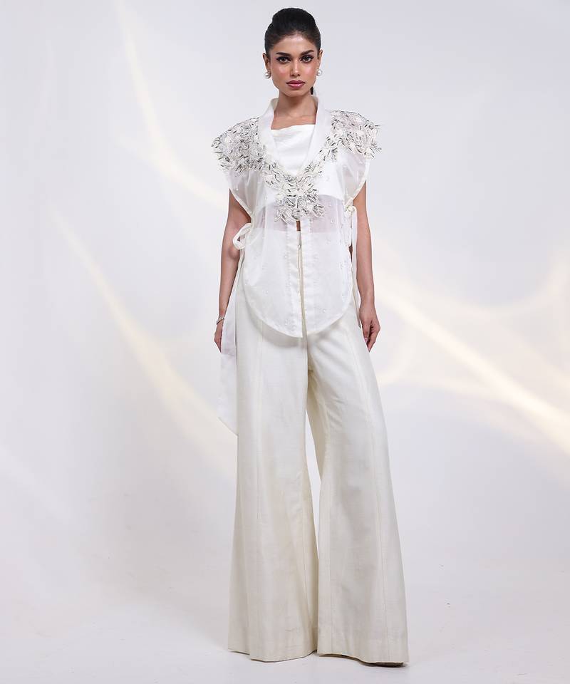 White embroidered silk co ord set