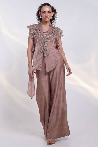 Copper embroidered silk co ord set