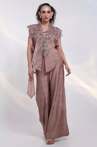 Copper embroidered silk co ord set