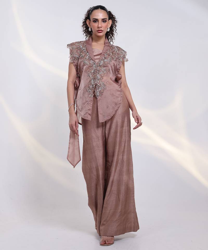 Copper embroidered silk co ord set