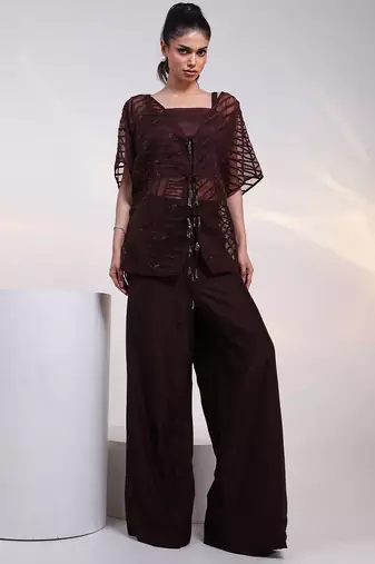 Brown embroidered silk co ord set