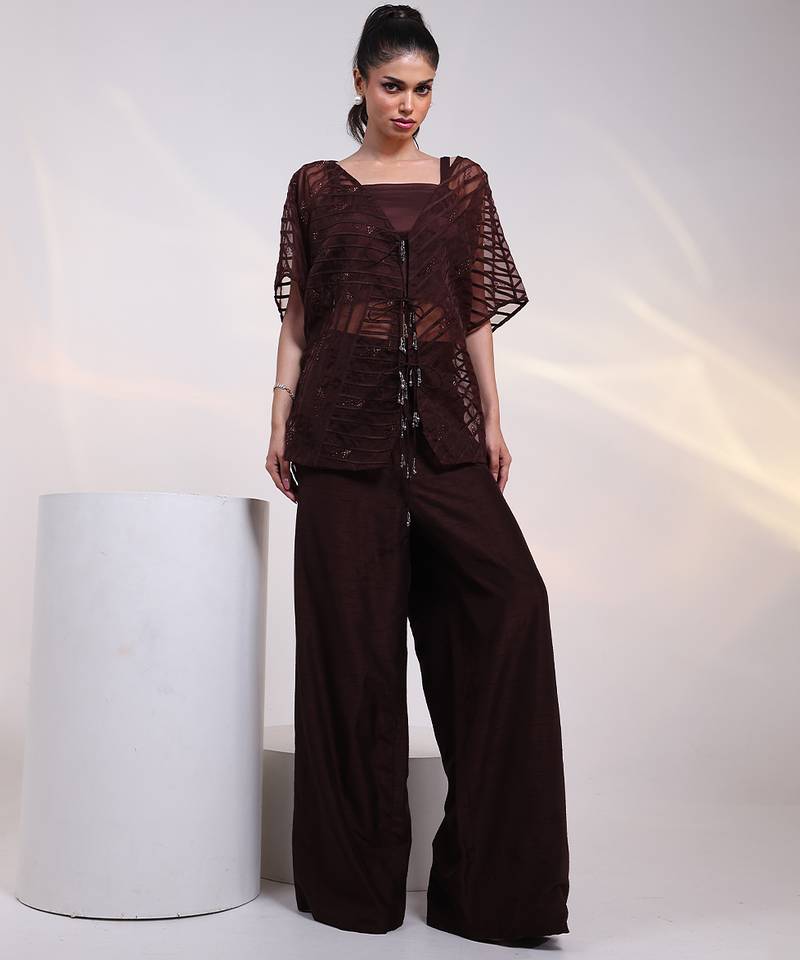 Brown embroidered silk co ord set