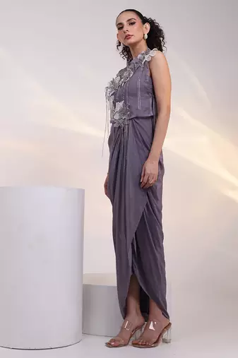 Grey embroidered chinon gown