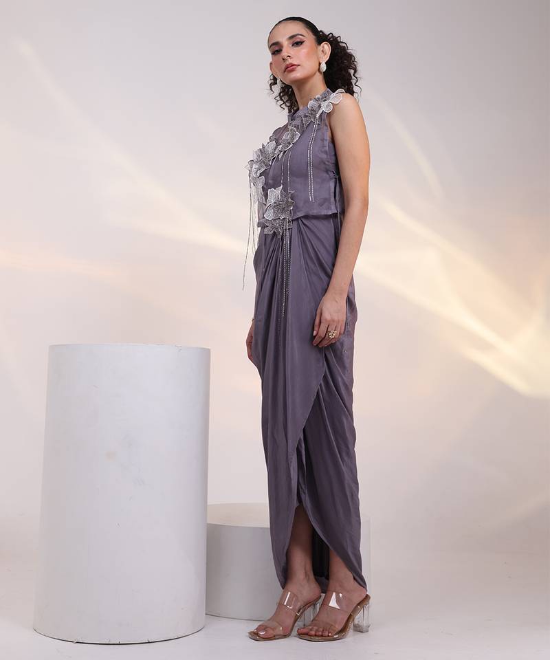 Grey embroidered chinon gown