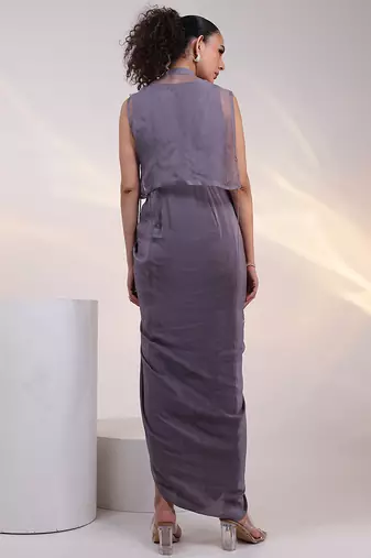 Grey embroidered chinon gown