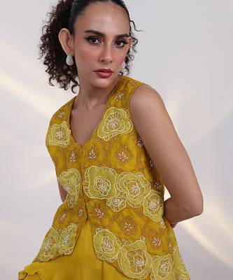 Yellow embroidered chinon co ord set 2