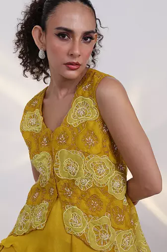 Yellow embroidered chinon co ord set