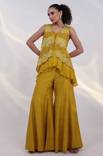 Yellow embroidered chinon co ord set