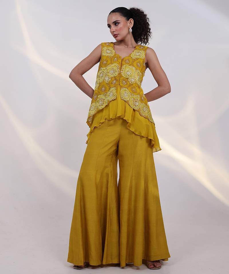 Yellow embroidered chinon co ord set