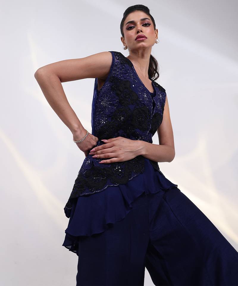 Blue embroidered chinon co ord set