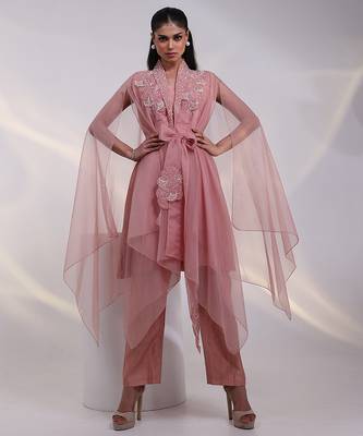 Pink embroidered silk co ord set 1