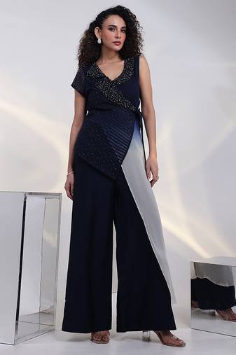 Blue embroidered georgette co ord set