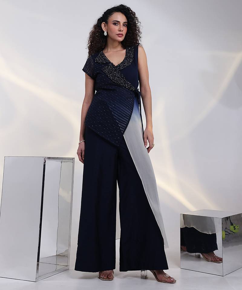 Blue embroidered georgette co ord set