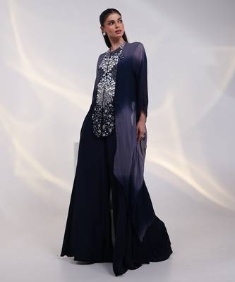 Navy-blue embroidered georgette kaftan 1
