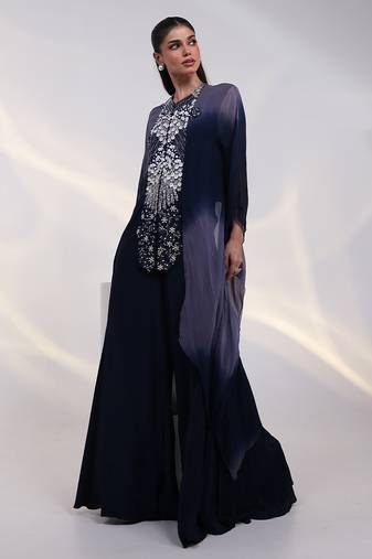 Navy-blue embroidered georgette kaftan