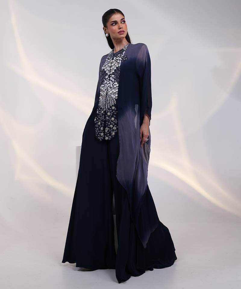Navy-blue embroidered georgette kaftan