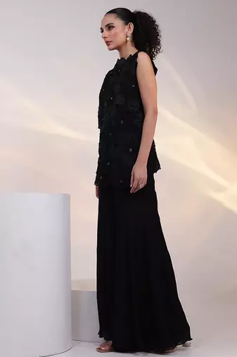 Black embroidered crepe co ord set