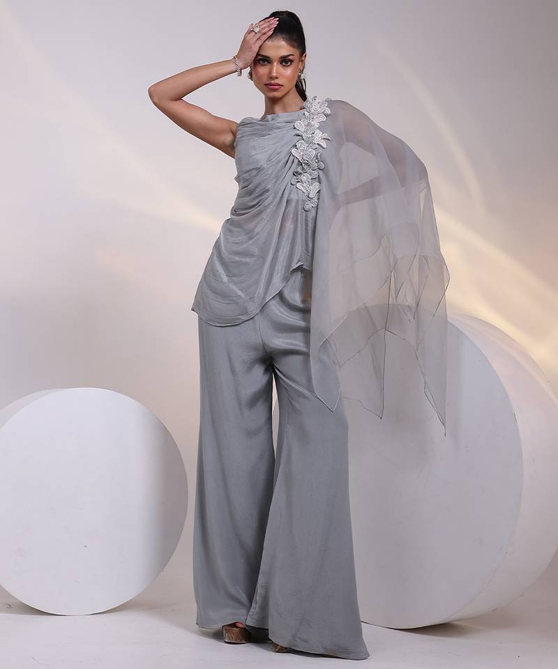 Grey embroidered chinon co ord set