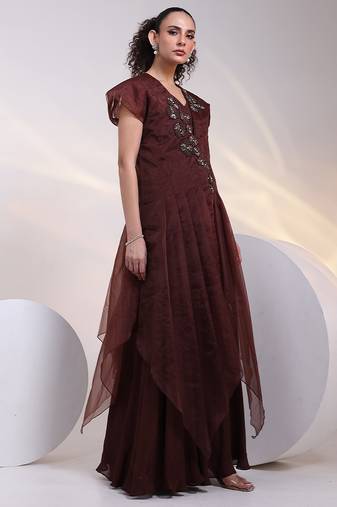 Brown embroidered chinon jumpsuit with jacket