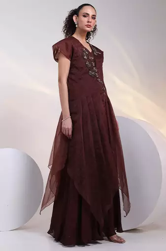 Brown embroidered chinon jumpsuit with jacket