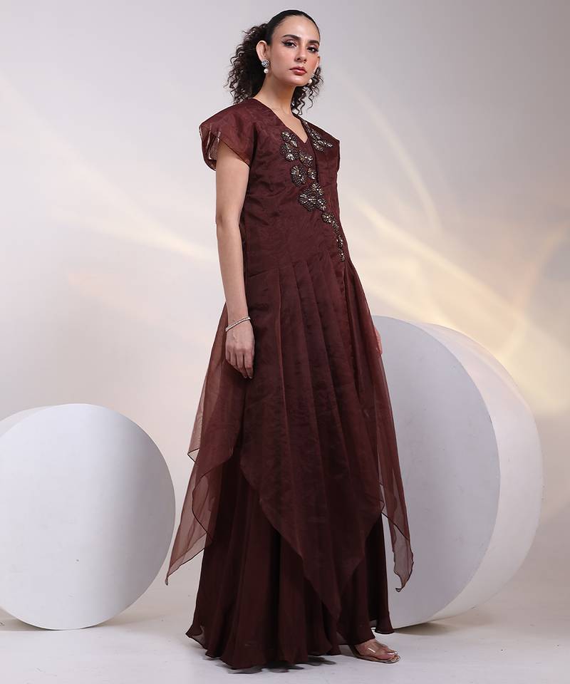 Brown embroidered chinon jumpsuit with jacket