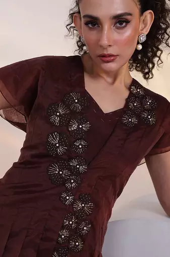 Brown embroidered chinon jumpsuit with jacket