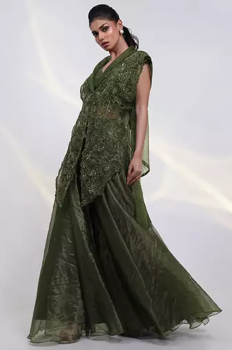 Green embroidered crepe co ord set