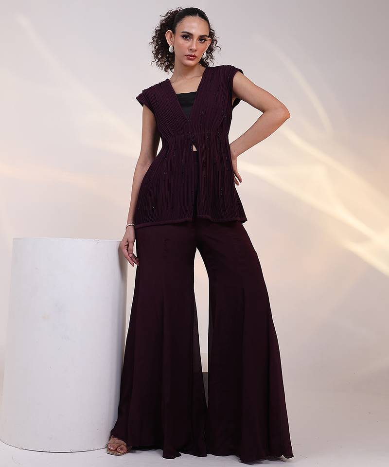 Wine embroidered chinon co ord set