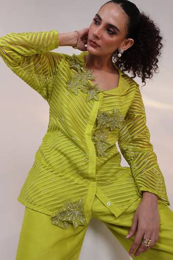 Green embroidered organza co ord set