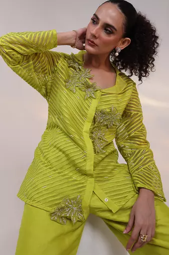 Green embroidered organza co ord set