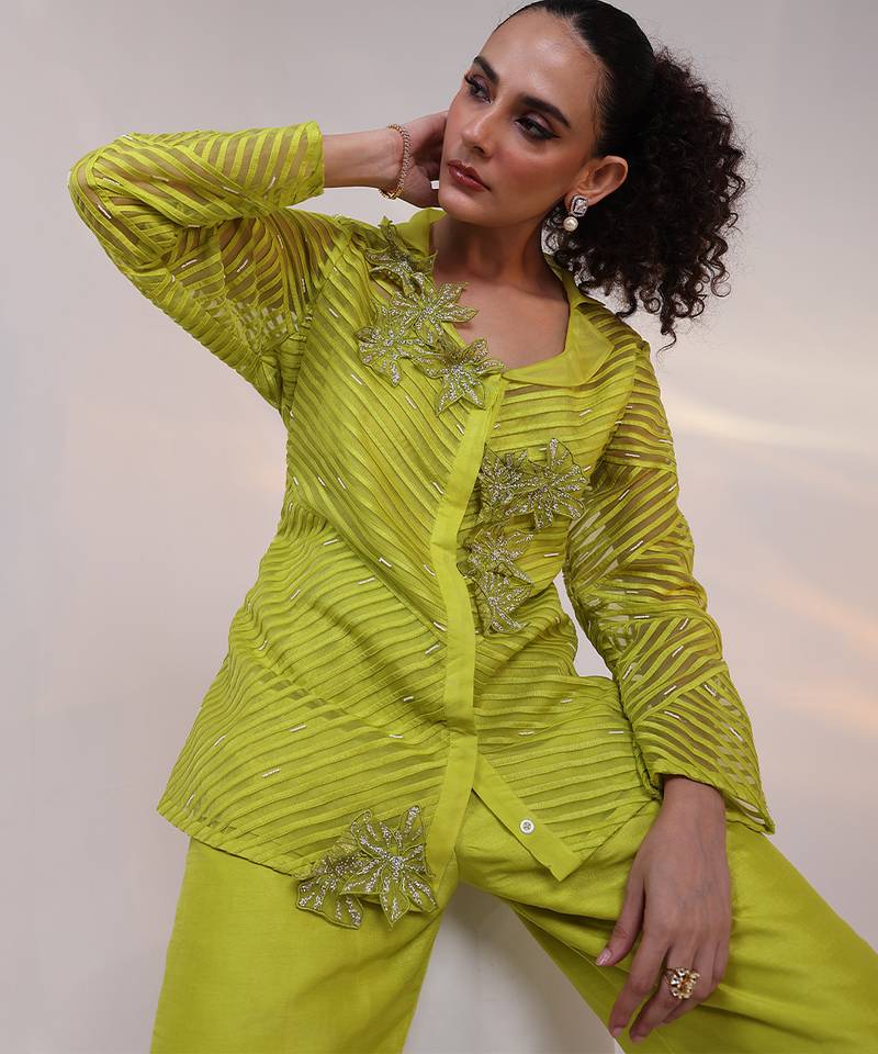 Green embroidered organza co ord set