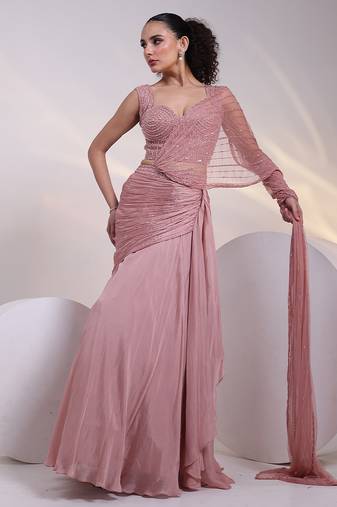 Pink embroidered silk Lehenga set