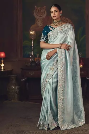 sky blue silk blend with heavy embroidery work wedding wear designer saree