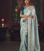 sky blue silk blend with heavy embroidery work wedding wear designer saree