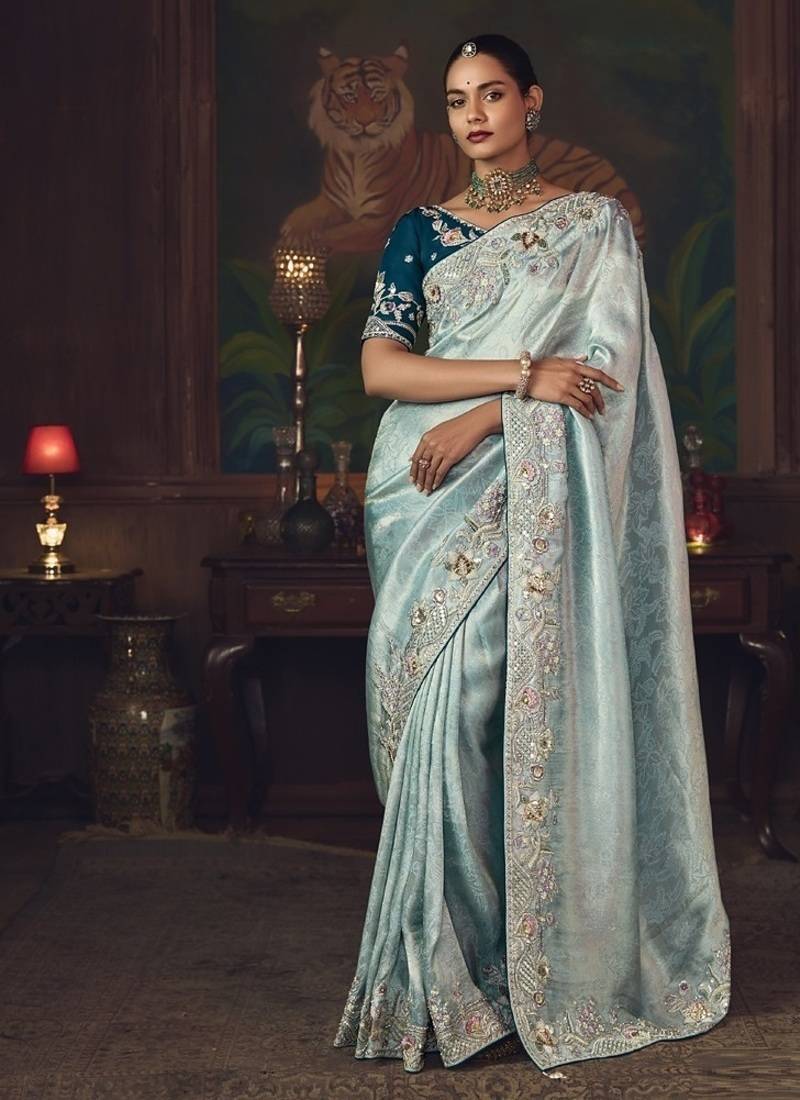 sky blue silk blend with heavy embroidery work wedding wear designer saree