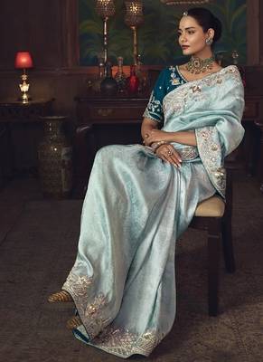 sky blue silk blend with heavy embroidery work wedding wear designer saree 2