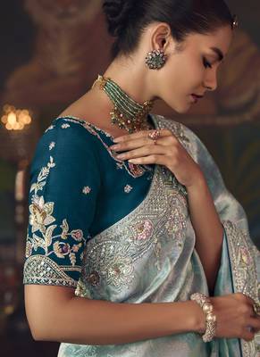 sky blue silk blend with heavy embroidery work wedding wear designer saree 3