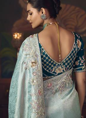 sky blue silk blend with heavy embroidery work wedding wear designer saree 4
